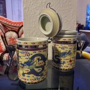 Yellow Chinoserie Dragon Porcelain Canisters, Set of 2